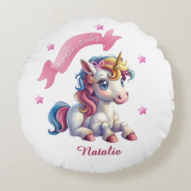 Hello Baby Unicorn Round Pillow (Front)