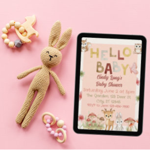 Hello Baby watercolor woodland animal baby shower Invitation