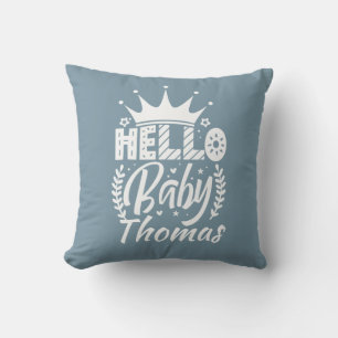 Hello Baby with Crown Baby's Name Blue Throw Pillow