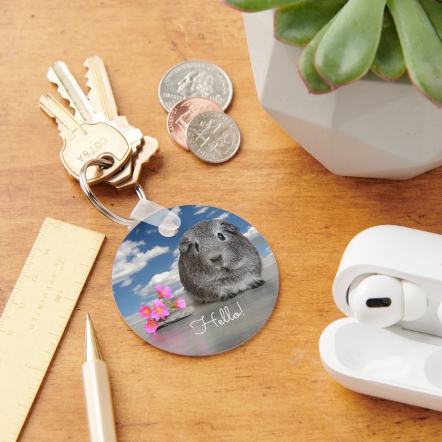 Hello Back To School Cute Grey Guinea Pig Custom Keychain (Desk)
