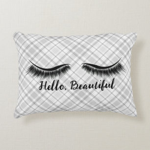 Hello Beautiful and Eyelashes on Plaid Accent Pillow