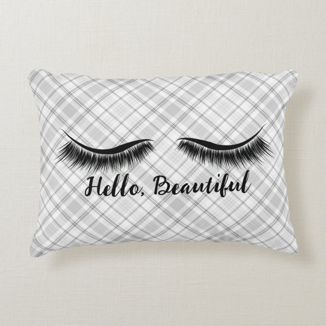 Hello Beautiful and Eyelashes on Plaid Accent Pillow (Front)