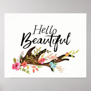 Hello Beautiful Antler and Flowers Poster