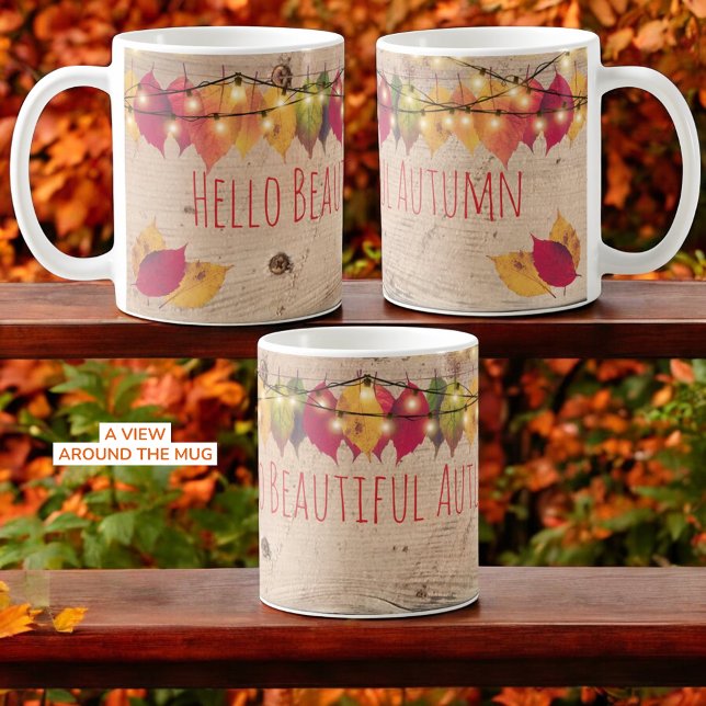 Hello Beautiful Autumn Leaves Firefly Lights Coffee Mug (Template fall inspired ceramic mug design.)