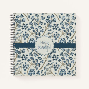 Hello Beautiful Elegant Blue Watercolor Flowers Notebook