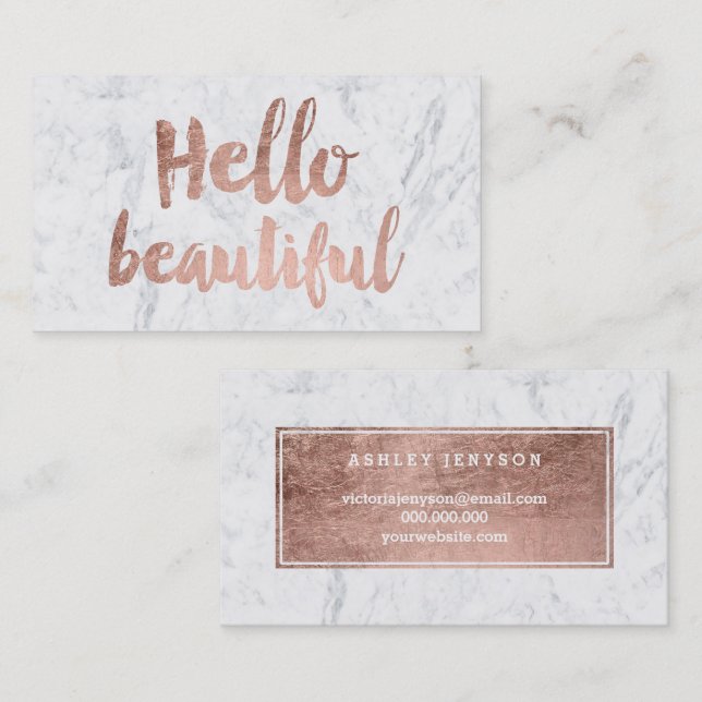 Hello beautiful faux rose gold typography marble business card (Front/Back)
