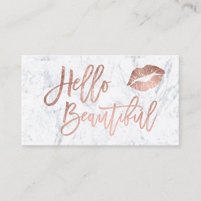 Hello beautiful lips rose gold chic script marble business card (Front)