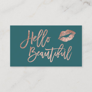 Hello beautiful lips rose gold chic script teal business card