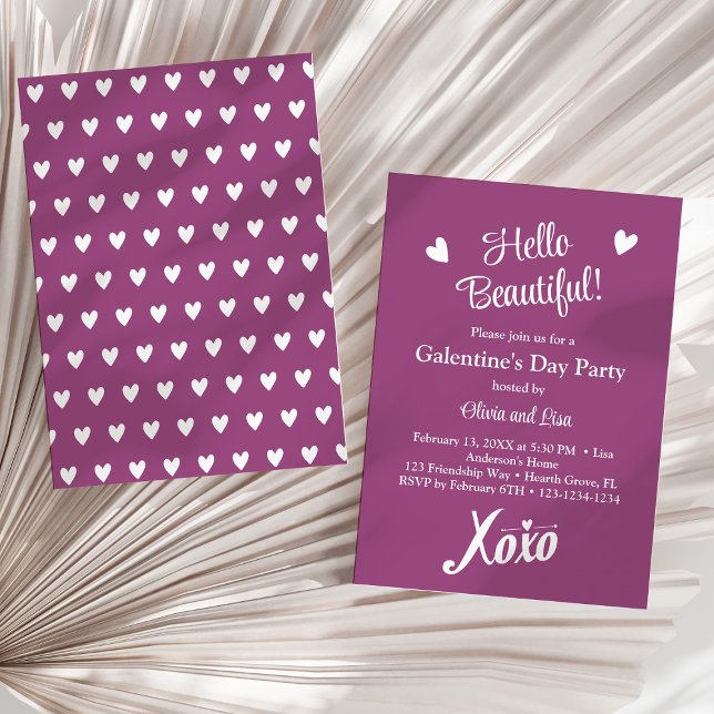 Hello Beautiful! Magical Purple XOXO Girls' Party Invitation (Hello Beautiful! Magical Purple XOXO Girls' Party Invitation on a sunny neutral dry palm leaf.)