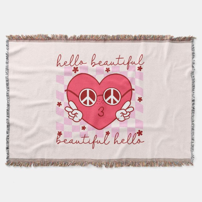 Hello Beautiful Pink Heart Throw Blanket (Front)