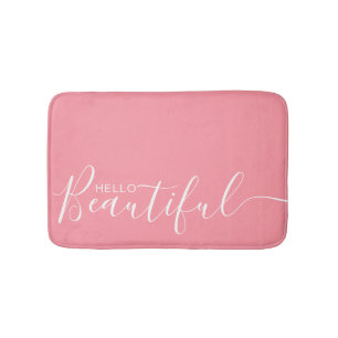 Hello Beautiful Pink White Typography Modern Bath Mat