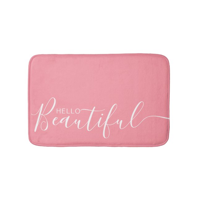 Hello Beautiful Pink White Typography Modern  Bath Mat (Front)