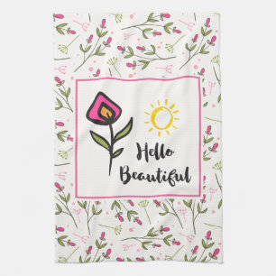 Hello Beautiful Pretty Pink Orange Wildlflower Kitchen Towel