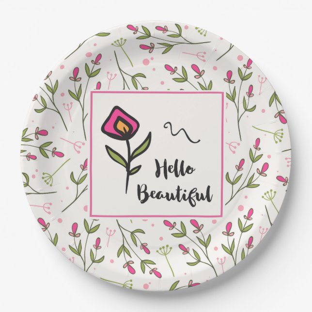 Hello Beautiful Pretty Pink Orange Wildlflower Paper Plate (Front)