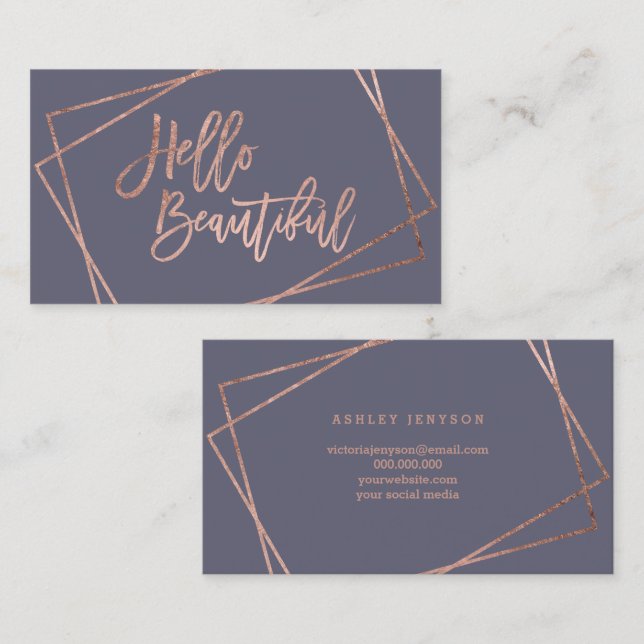 Hello beautiful rose gold script geometric purple business card (Front/Back)