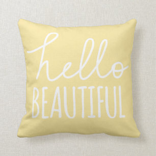 Hello Beautiful Typography Whimsical Girly Yellow Throw Pillow