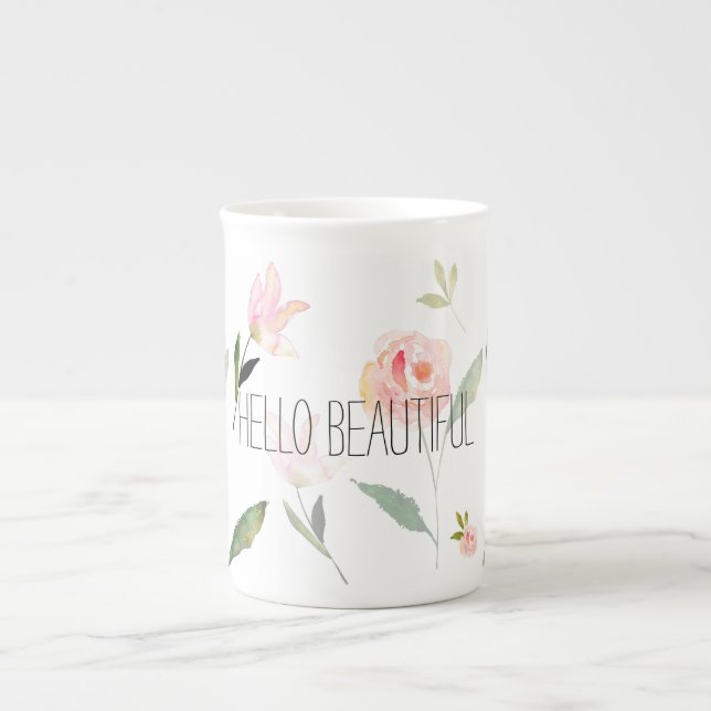 Hello Beautiful Watercolor Floral Bone China Mug (Front)