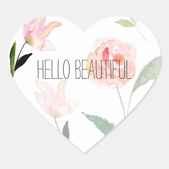 Hello Beautiful Watercolor Floral Heart Sticker (Front)