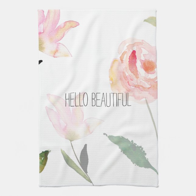 Hello Beautiful Watercolor Floral Kitchen Towel (Vertical)