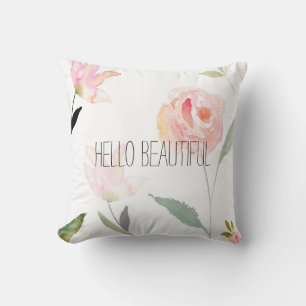 Hello Beautiful Watercolor Floral Throw Pillow