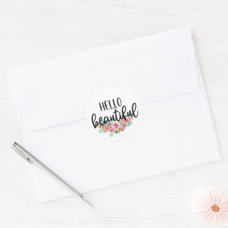 Hello Beautiful Watercolor Roses Typography Chic Classic Round Sticker