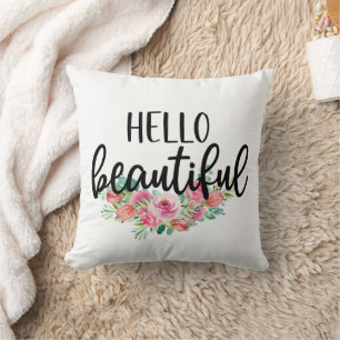 Hello Beautiful Watercolor Roses Typography Chic Throw Pillow