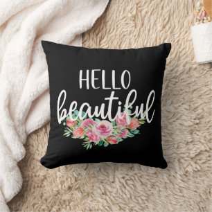 Hello Beautiful Watercolor Roses Typography Chic Throw Pillow