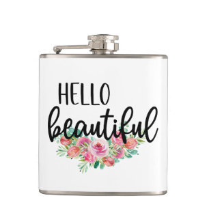 Hello Beautiful Watercolor Roses Typography Modern Hip Flask