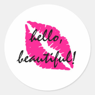 Hello Beautiful with Pink Lipstick Classic Round Sticker