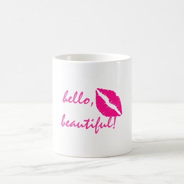 Hello Beautiful with Pink Lipstick Coffee Mug (Center)