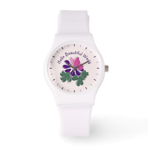 Hello Beautiful World Pink Butterfly Purple Flower Watch