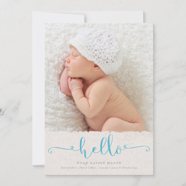 Hello Birth Announcement - Light Blue (Front)