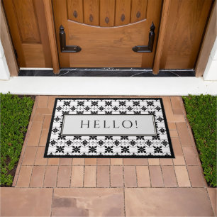  Hello Black and White Vintage Tile Design Doormat