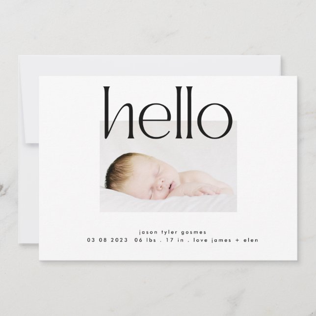 hello | black bold modern simple text birth announ announcement (Front)