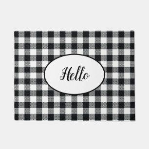 Hello Black White Buffalo Check Plaid Doormat
