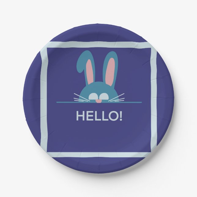 Hello blue Easter Bunny  Paper Plate (Front)