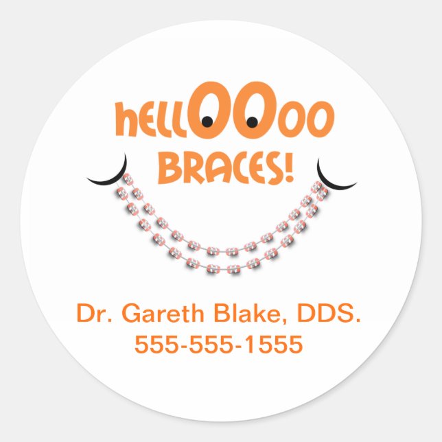 Hello Braces Tangerine Orthodontist Patient Custom Classic Round Sticker (Front)