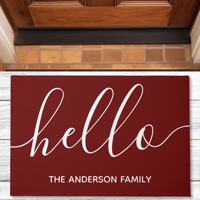 Hello Calligraphy Script Modern Burgundy Doormat (Creator Uploaded)