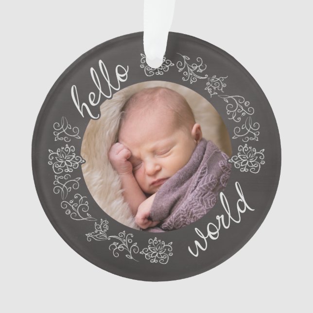 Hello Chalkboard Baby's First Personalized Ornament (Front)
