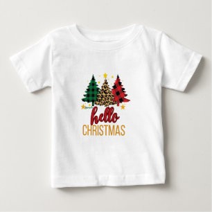Hello Christmas Plaid Leopard Trees Custom Name Baby T-Shirt