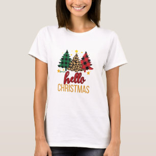 Hello Christmas Plaid Leopard Trees Custom Name T-Shirt