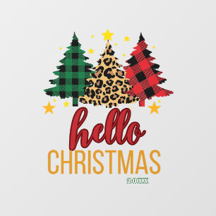 Hello Christmas Plaid Leopard Xmas Trees Custom  Window Cling