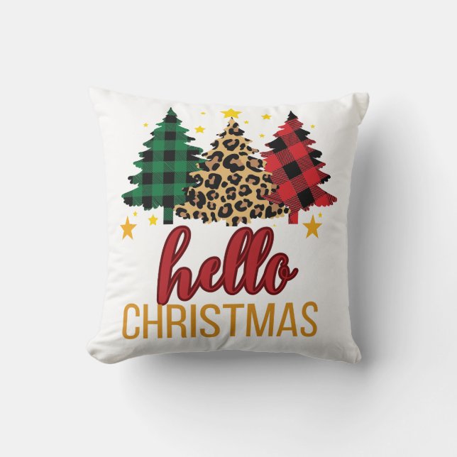 Hello Christmas with plaid trees Throw Pillow (Front)