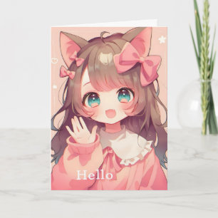 Hello Cute Anime Cat Girl Holiday Card