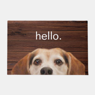Hello Cute Funny Beagle Dog Face Dark Wood Doormat