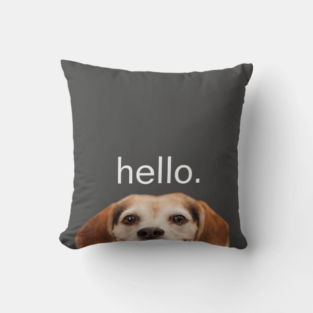 Hello Cute Funny Smiling Beagle Dog Modern Gray Throw Pillow (Front)