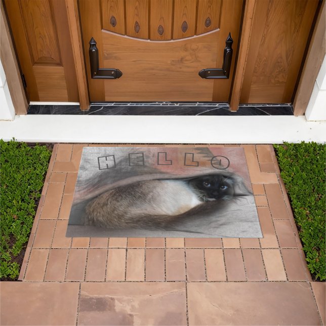 HELLO Cute Welcoming Peek-A-Boo Blue Eyed Siamese Doormat (Outdoor)