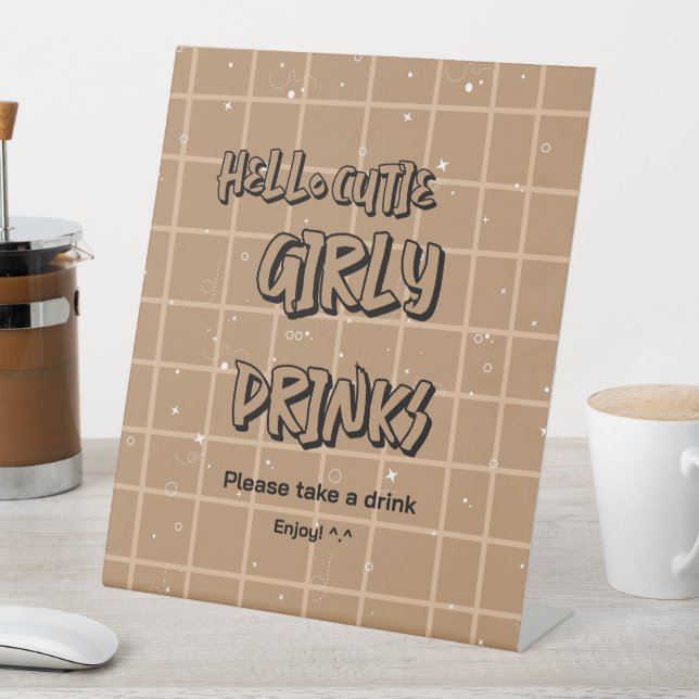 Hello Cutie Girly Brown Gingham Baby Shower Drinks Pedestal Sign (In SItu)