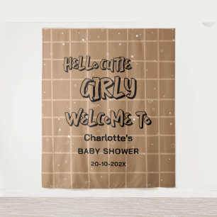 Hello Cutie Girly Cute Brown Gingham Baby Backdrop Tapestry
