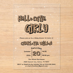Hello Cutie Girly Cute Brown Gingham Baby Shower Acrylic Invitations